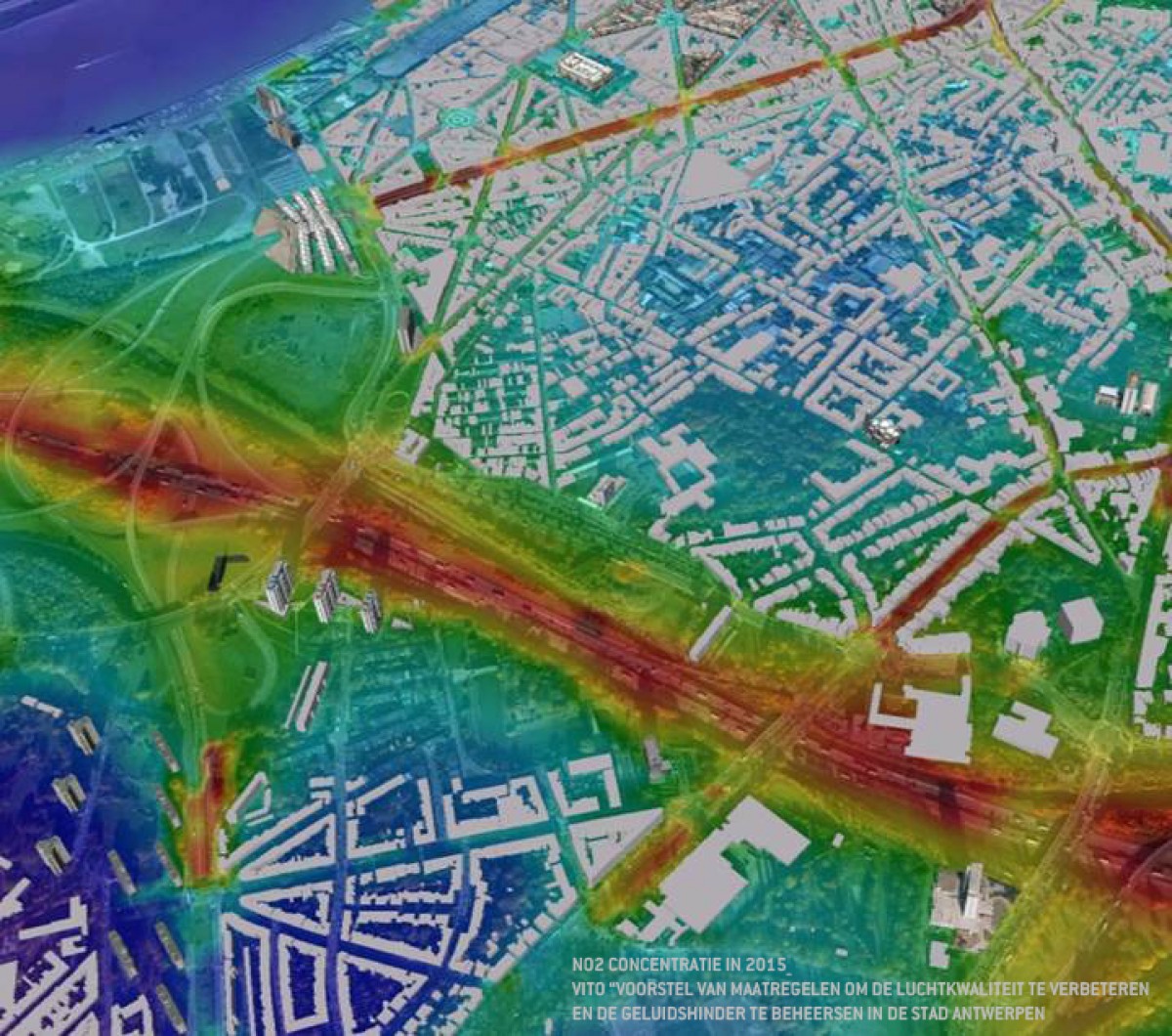 NO2 concentratie in 2015_ VITO “Voorstel van maatregelen om de luchtkwaliteit te verbeteren en de geluidshinder te beheersen in de stad Antwerpen